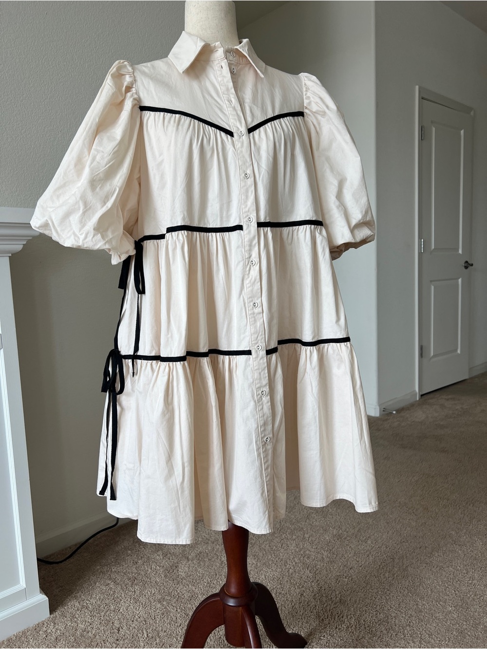 Cream Tiered Dress with Black Trim and Puff Sleeves